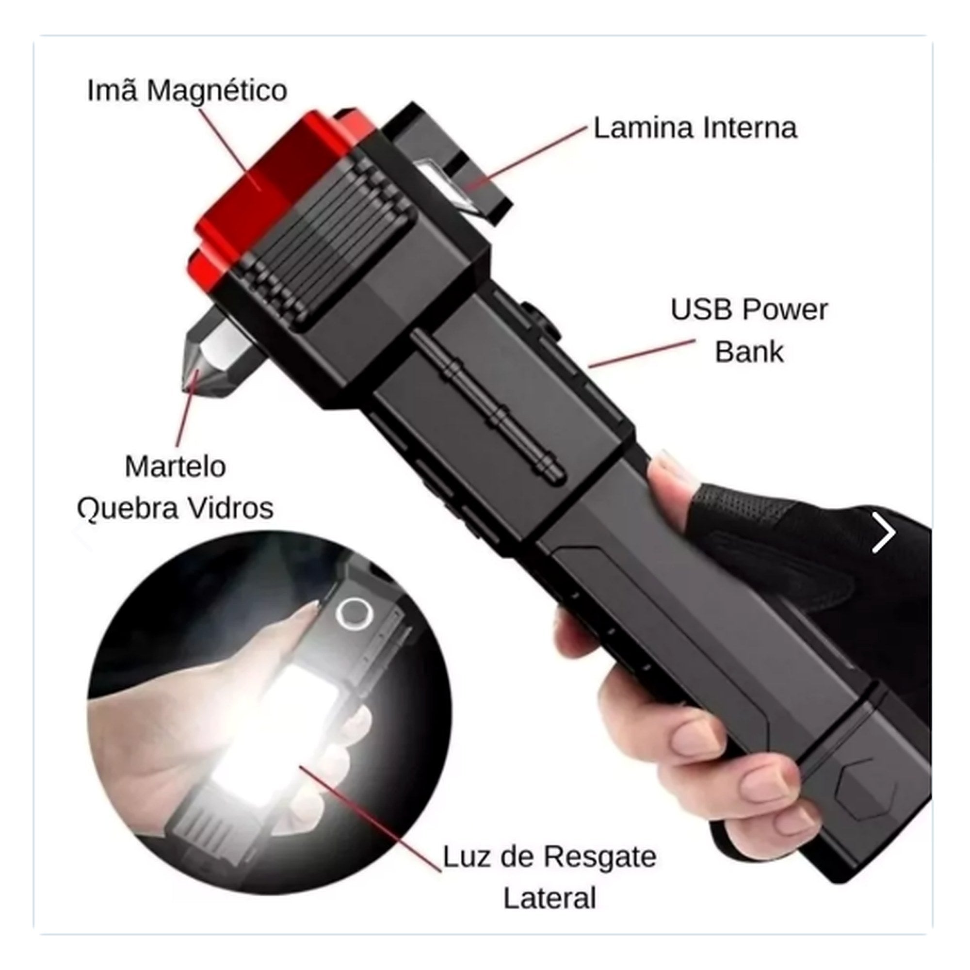 Pack 2 Martillo Linterna LED Táctica 4 en 1 — funciones 4 en 1