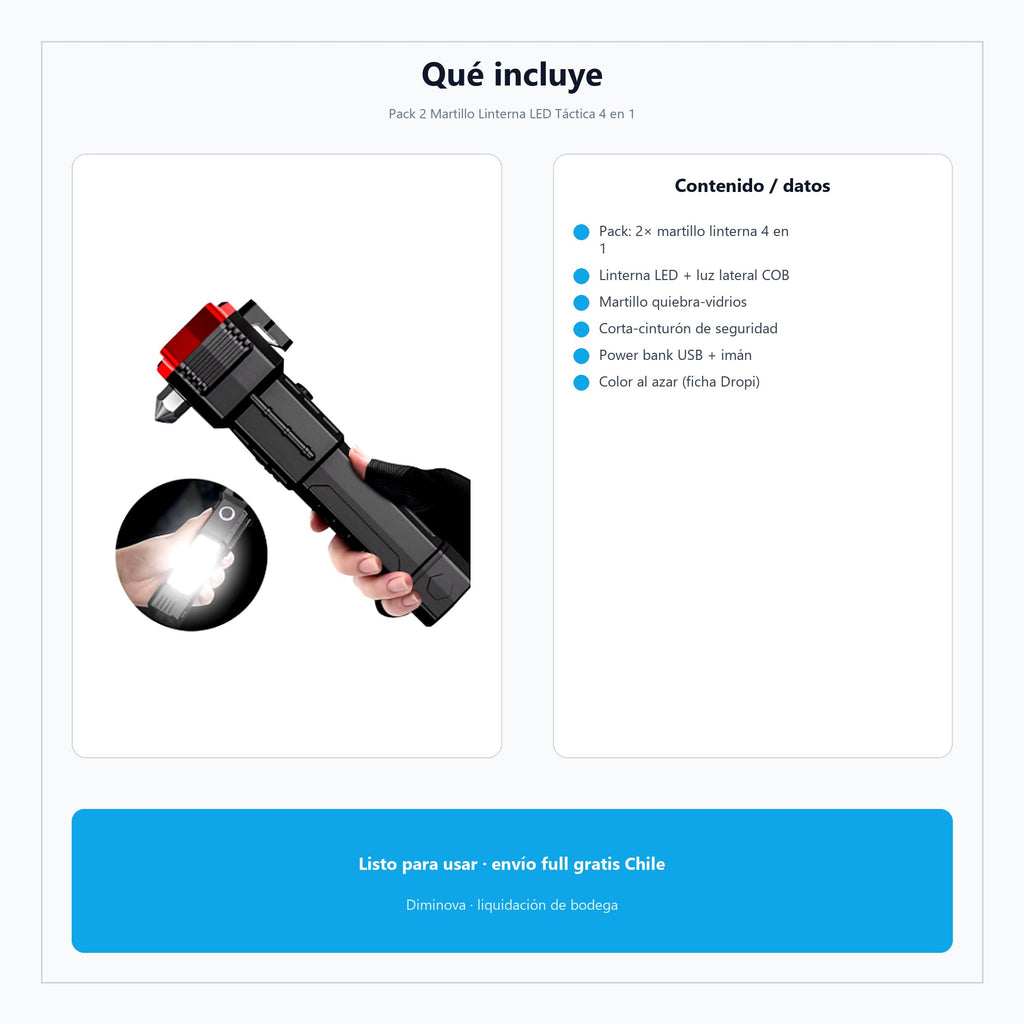 Pack 2 Martillo Linterna LED Táctica 4 en 1 — qué incluye