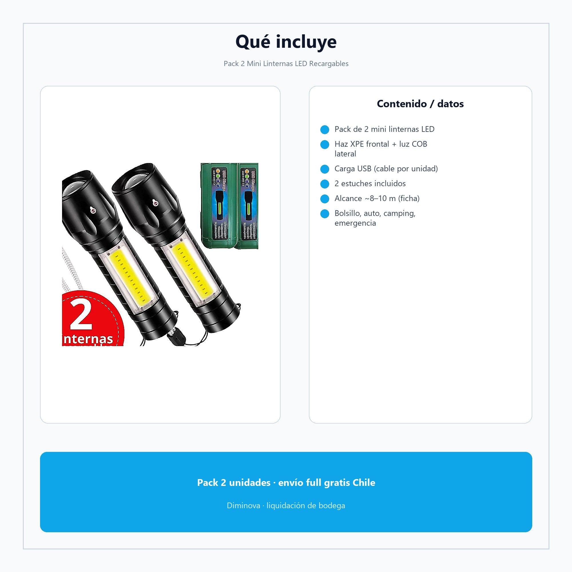 Pack 2 Mini Linternas LED Recargables — qué incluye