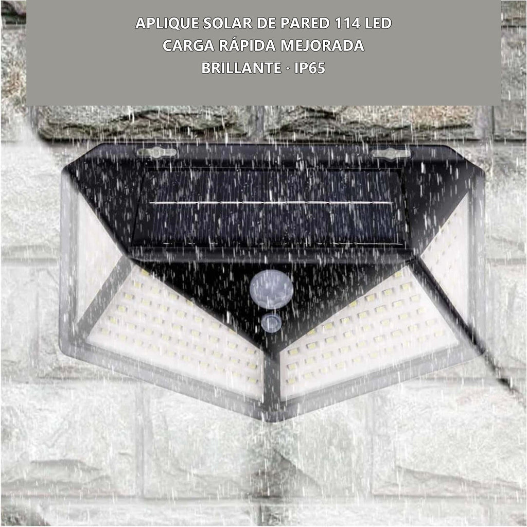Aplique solar 114 LED · IP65 resistente a lluvia