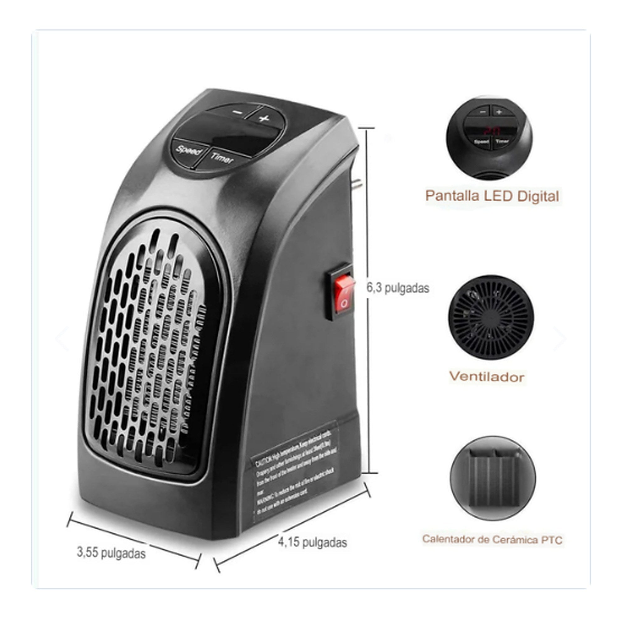 Mini Calentador PTC Enchufe + Control Remoto — medidas y PTC