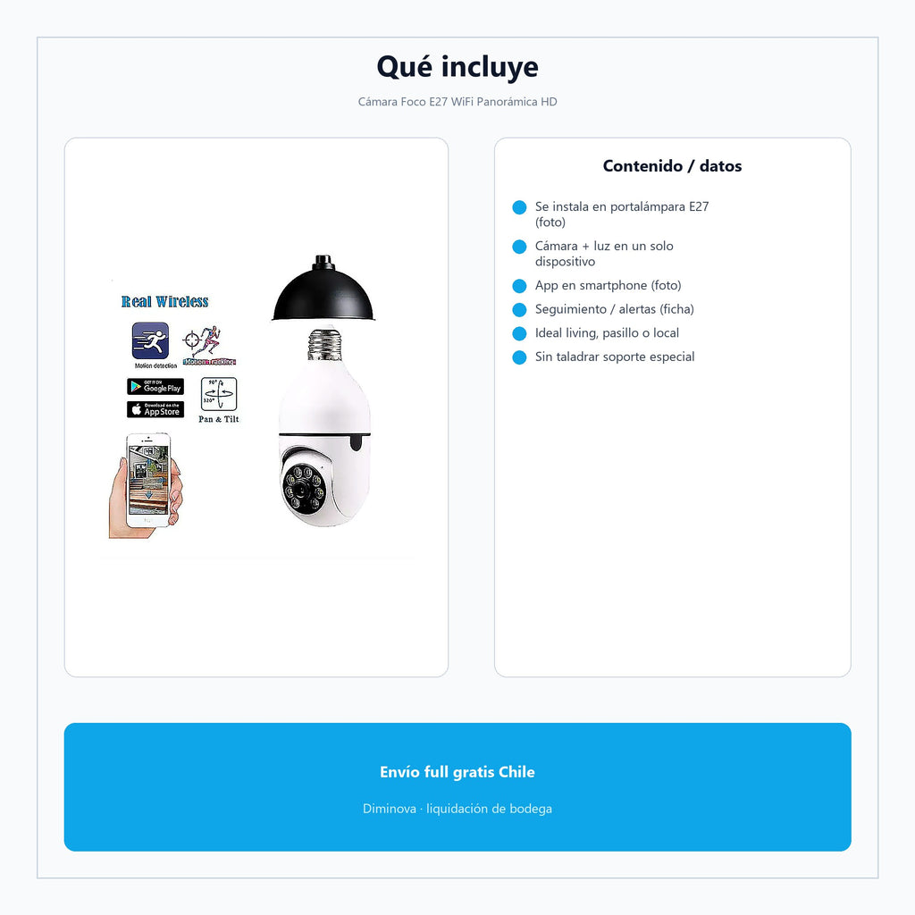 Cámara Foco E27 WiFi Panorámica HD — qué incluye