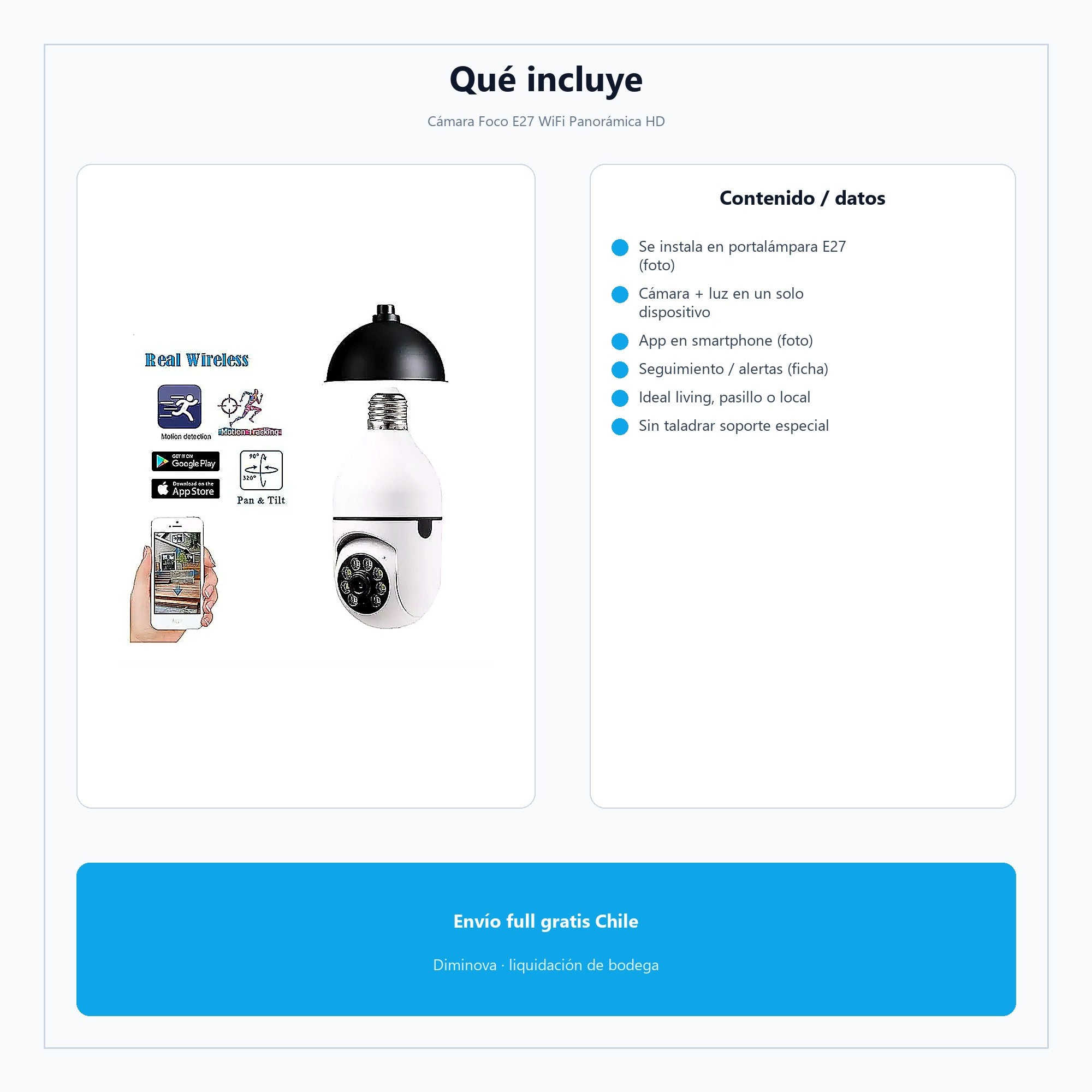 Cámara Foco E27 WiFi Panorámica HD — qué incluye