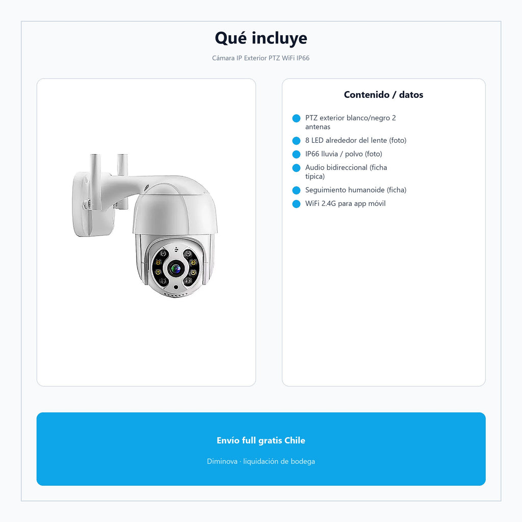 Cámara IP Exterior PTZ WiFi IP66 — qué incluye