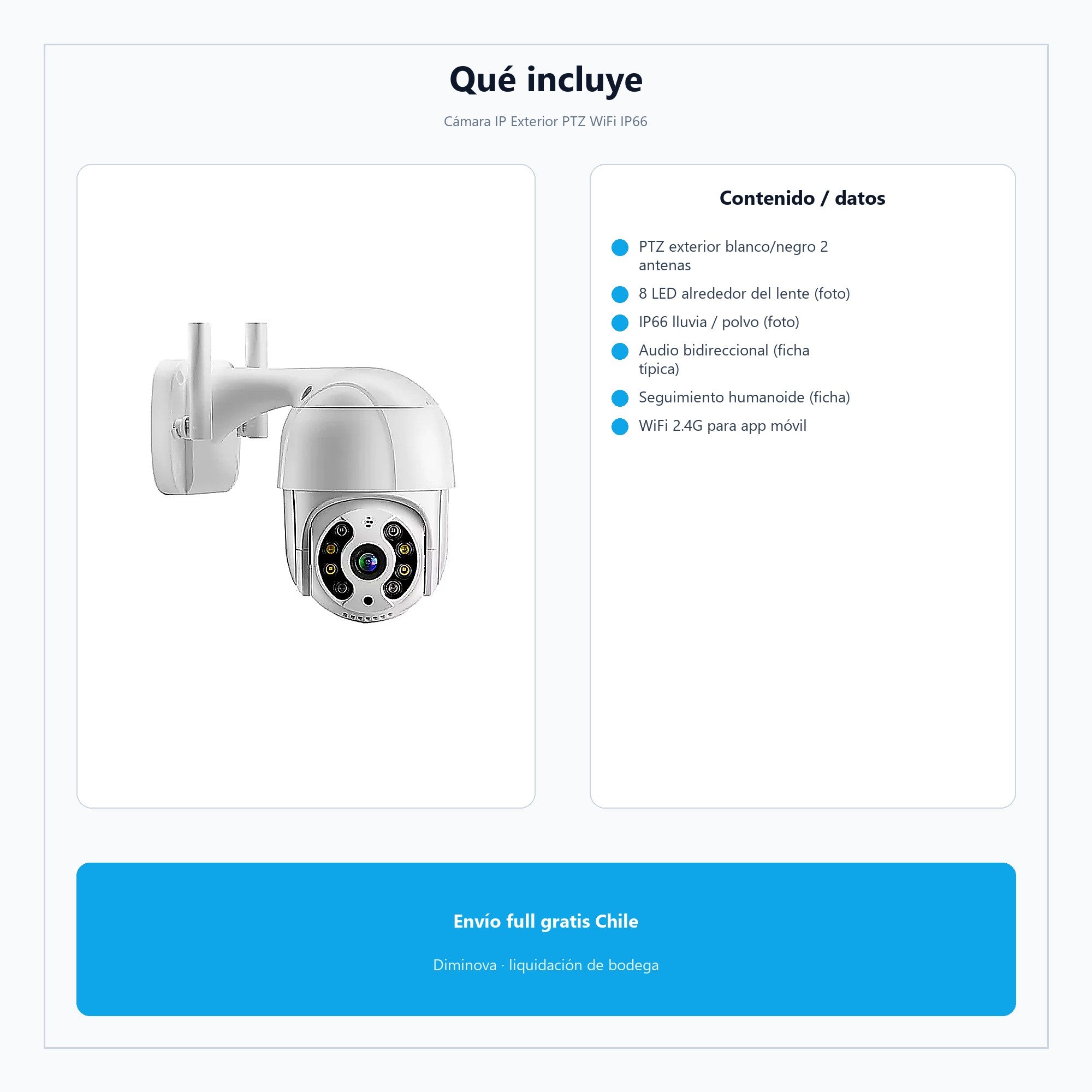 Cámara IP Exterior PTZ WiFi IP66 — qué incluye