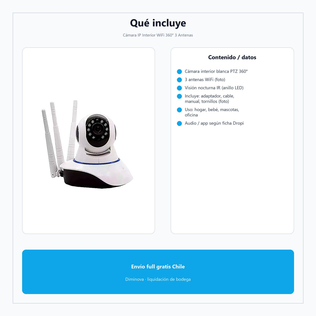 Cámara IP Interior WiFi 360° 3 Antenas — qué incluye