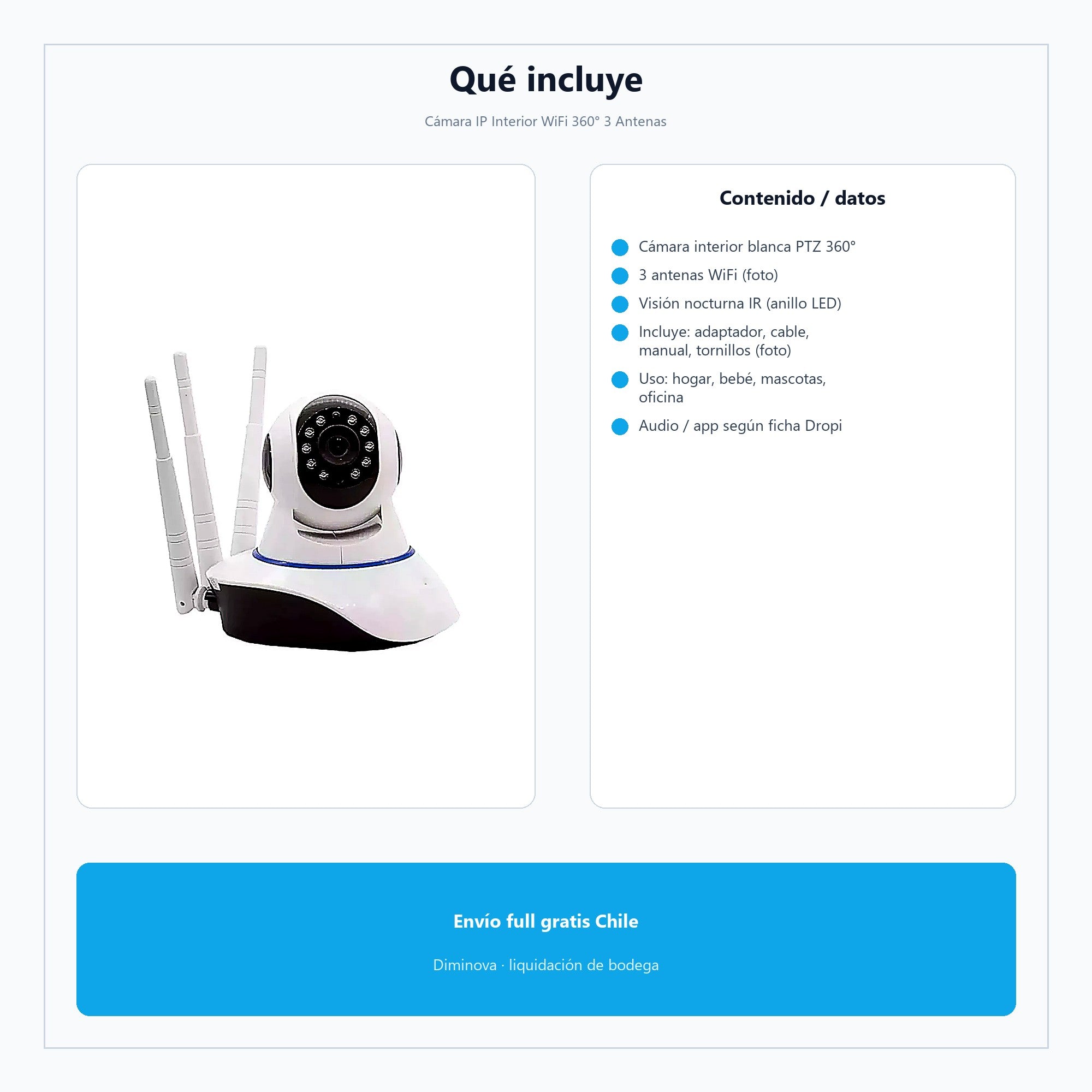 Cámara IP Interior WiFi 360° 3 Antenas — qué incluye