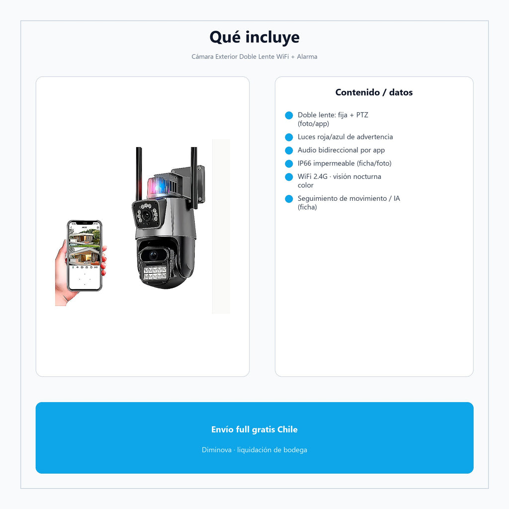 Cámara Exterior Doble Lente WiFi + Alarma — qué incluye