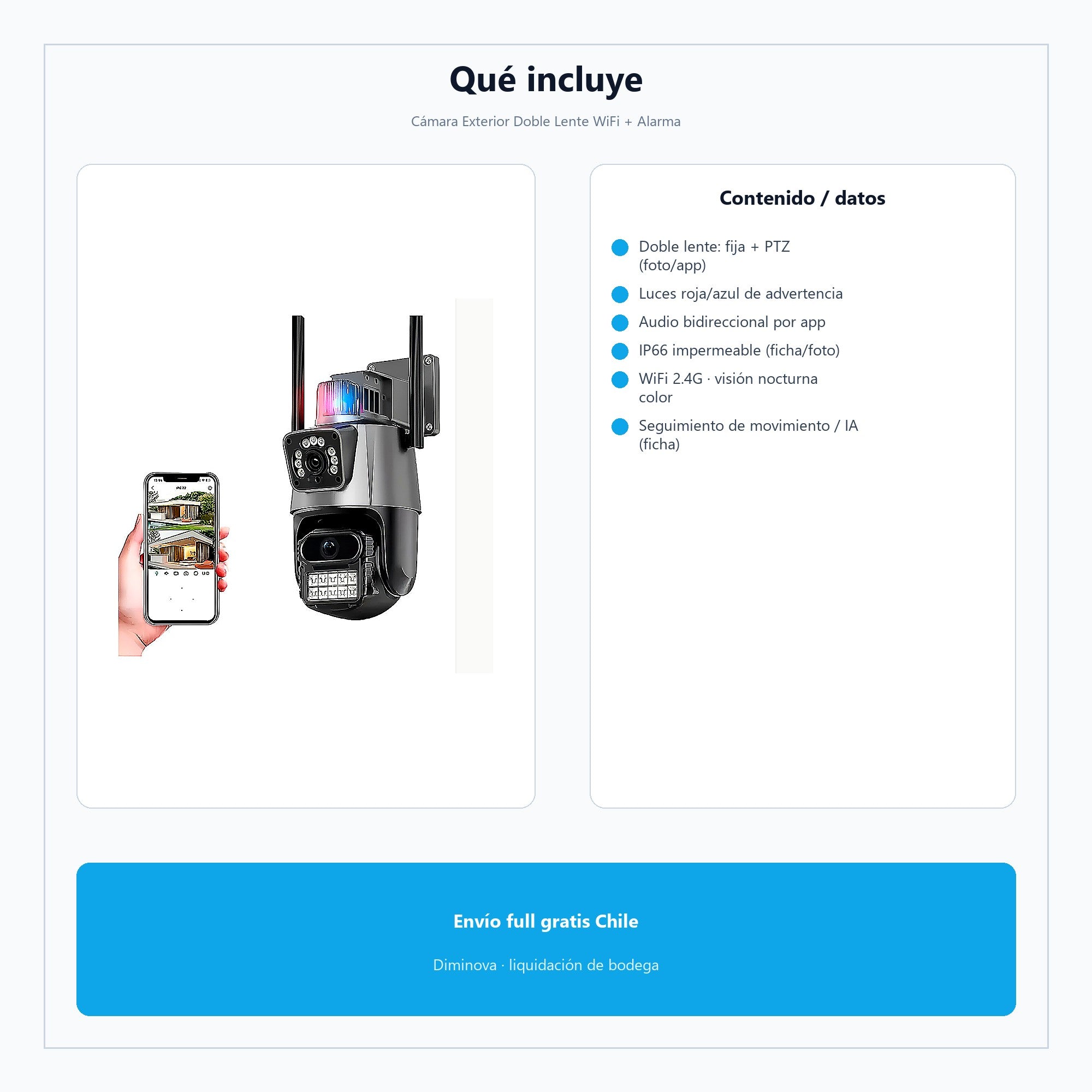 Cámara Exterior Doble Lente WiFi + Alarma — qué incluye