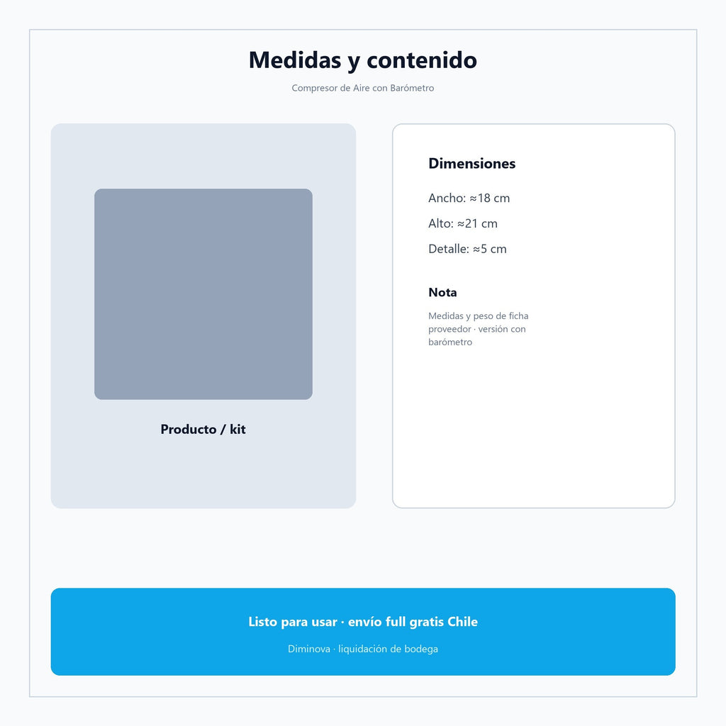 Compresor de Aire con Barómetro — medidas y contenido