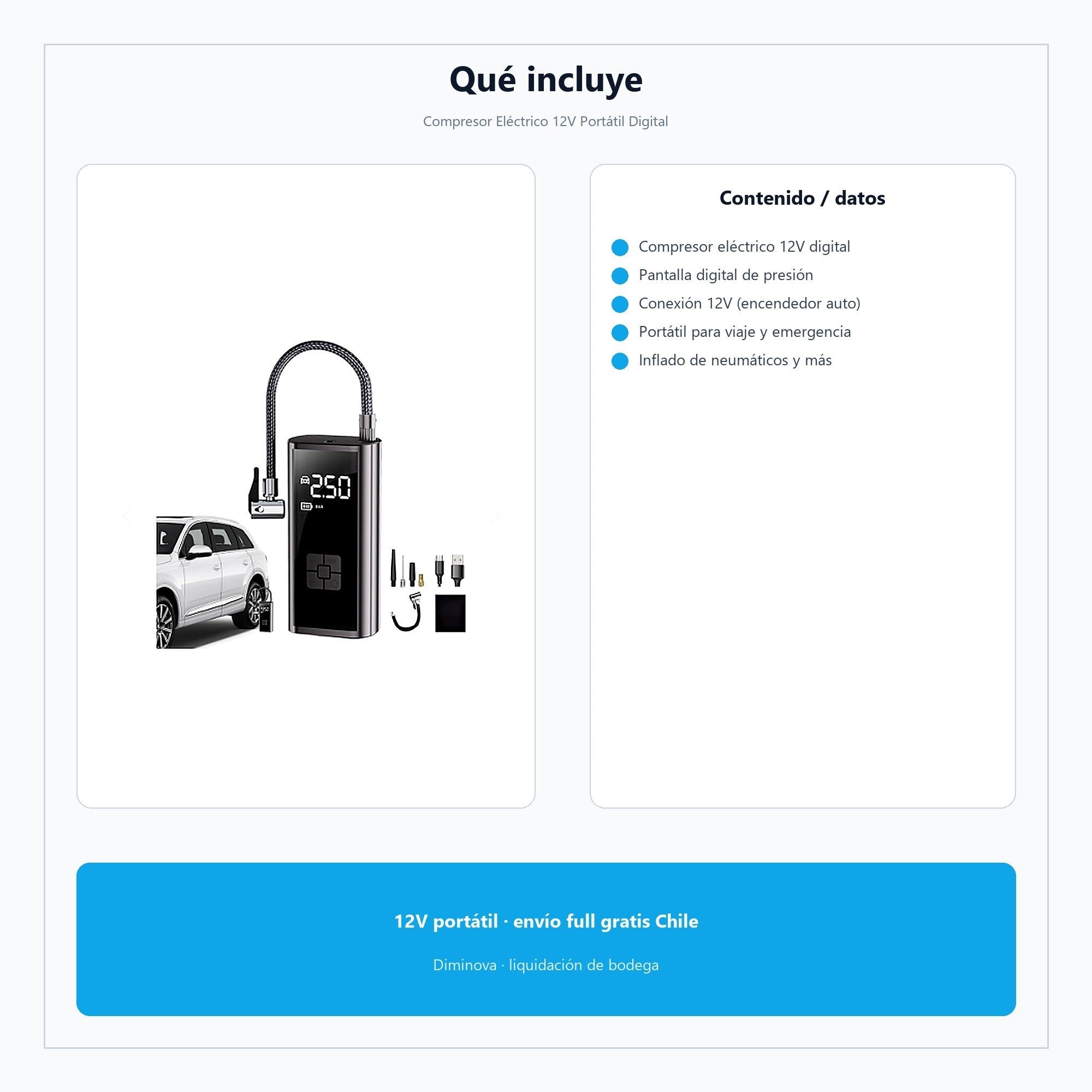 Compresor Eléctrico 12V Portátil Digital — qué incluye