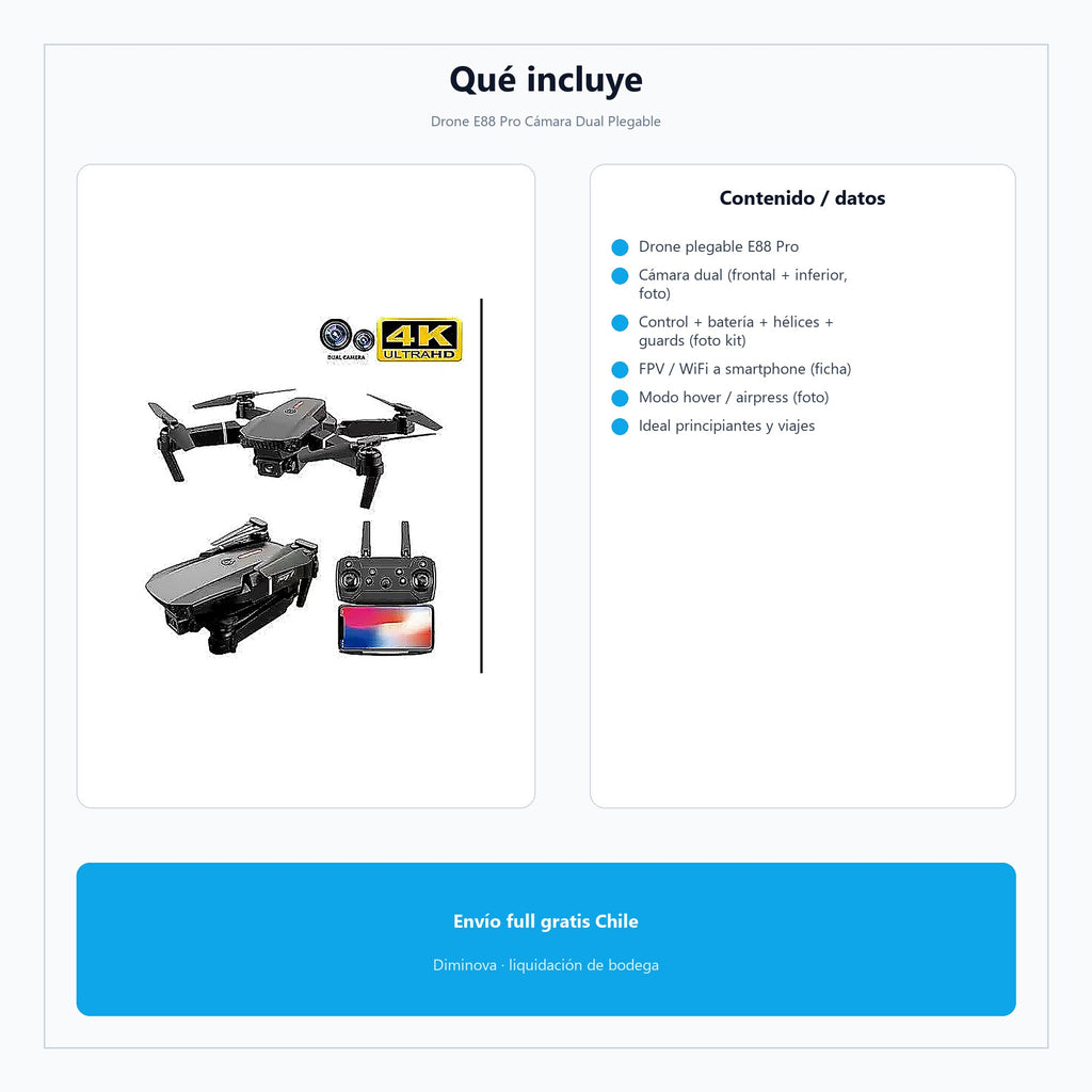 Drone E88 Pro Cámara Dual Plegable — qué incluye