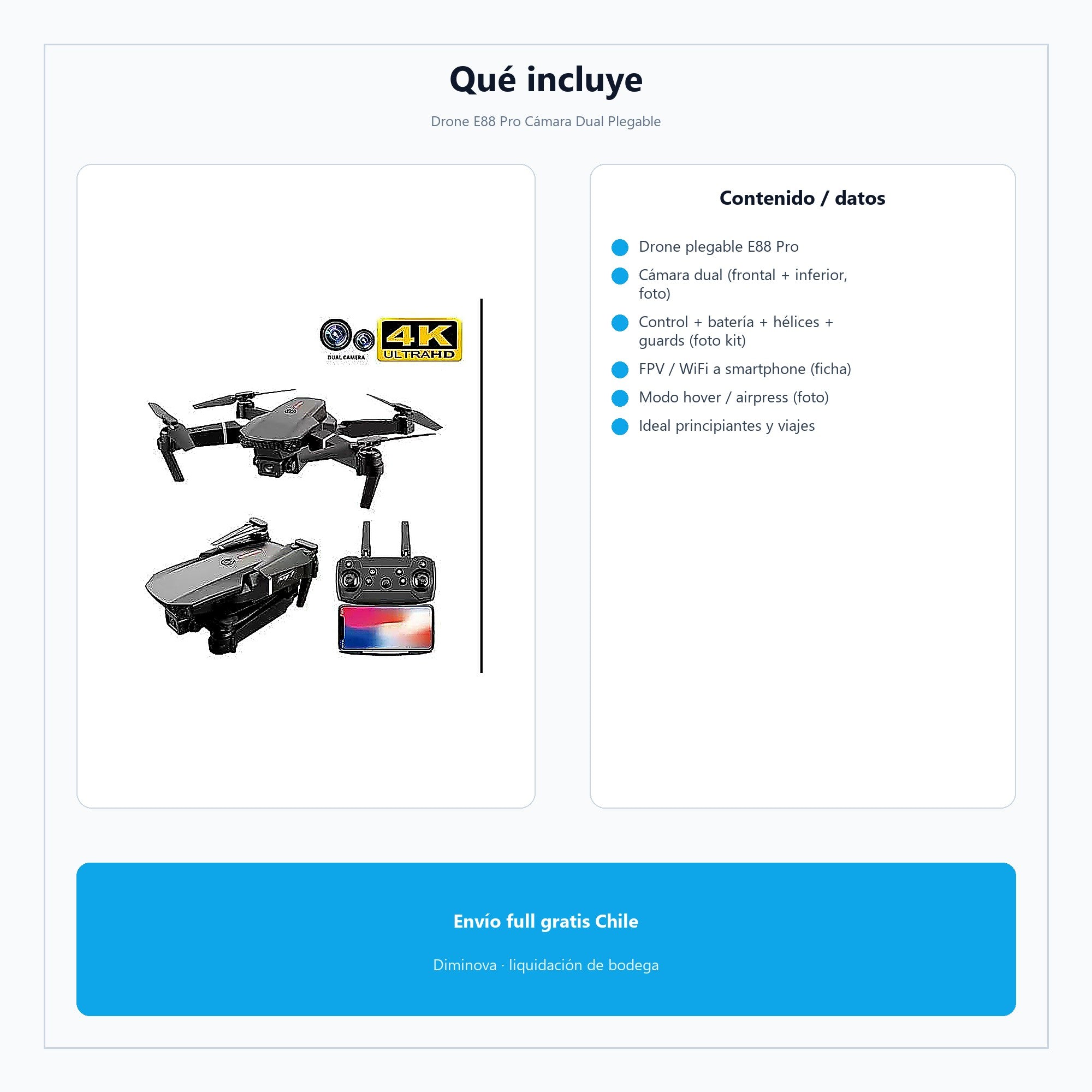 Drone E88 Pro Cámara Dual Plegable — qué incluye