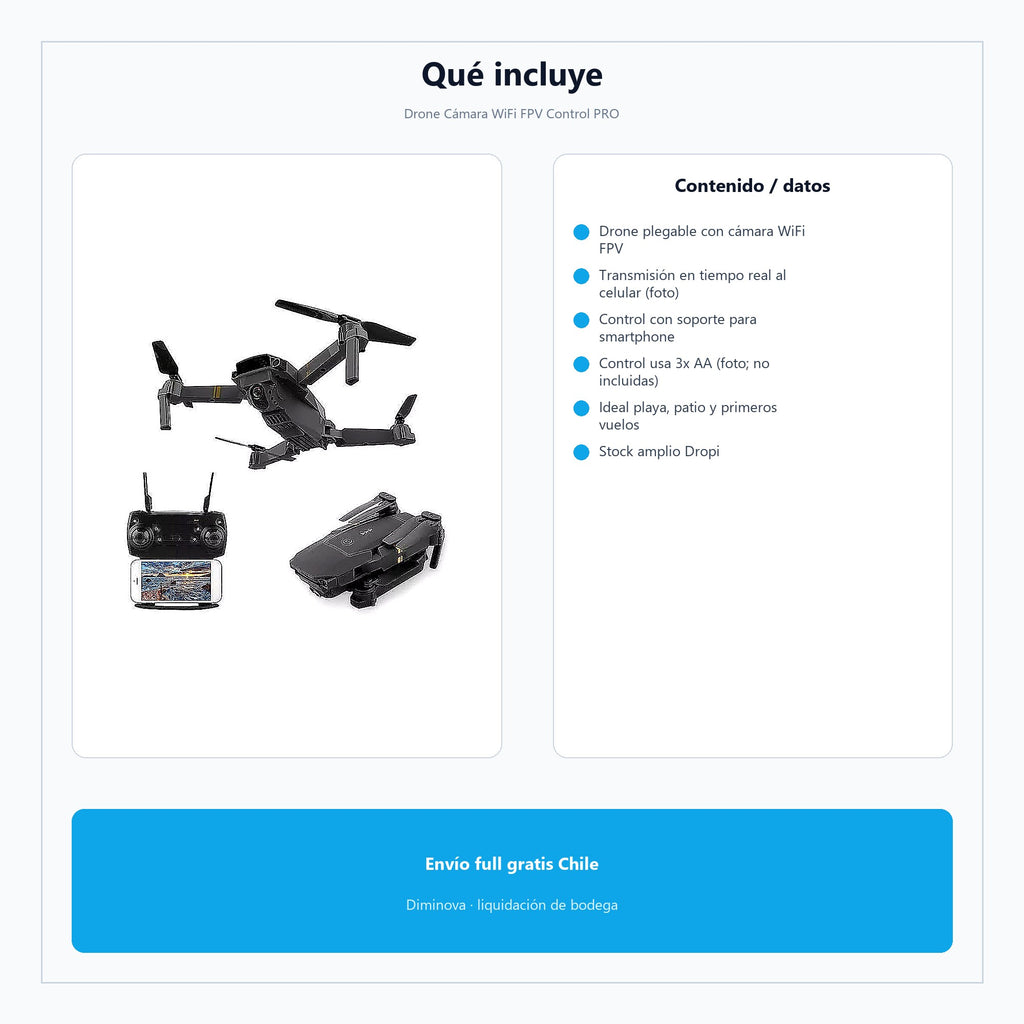 Drone Cámara WiFi FPV Control PRO — qué incluye