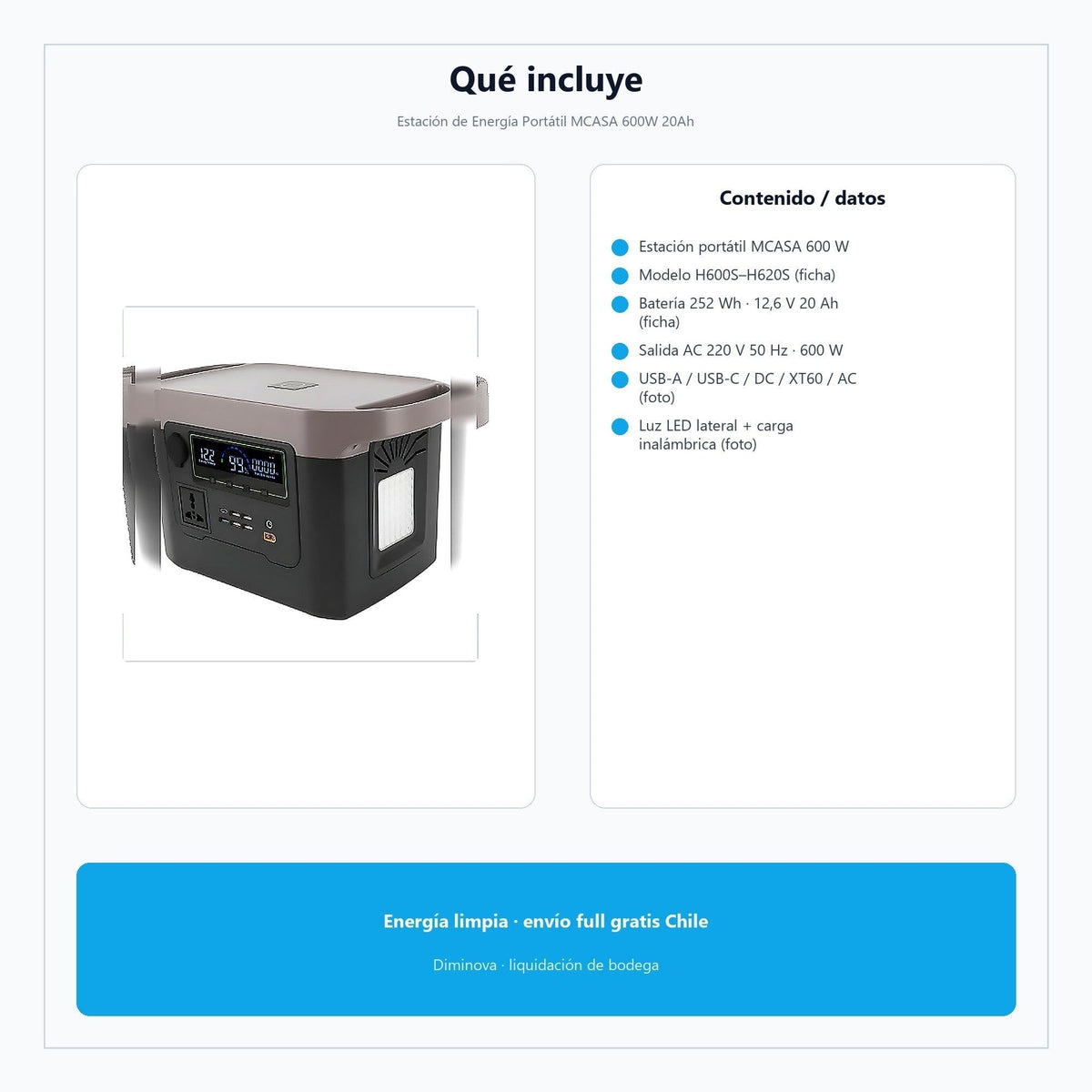 Estación de Energía Portátil MCASA 600W 20Ah — qué incluye