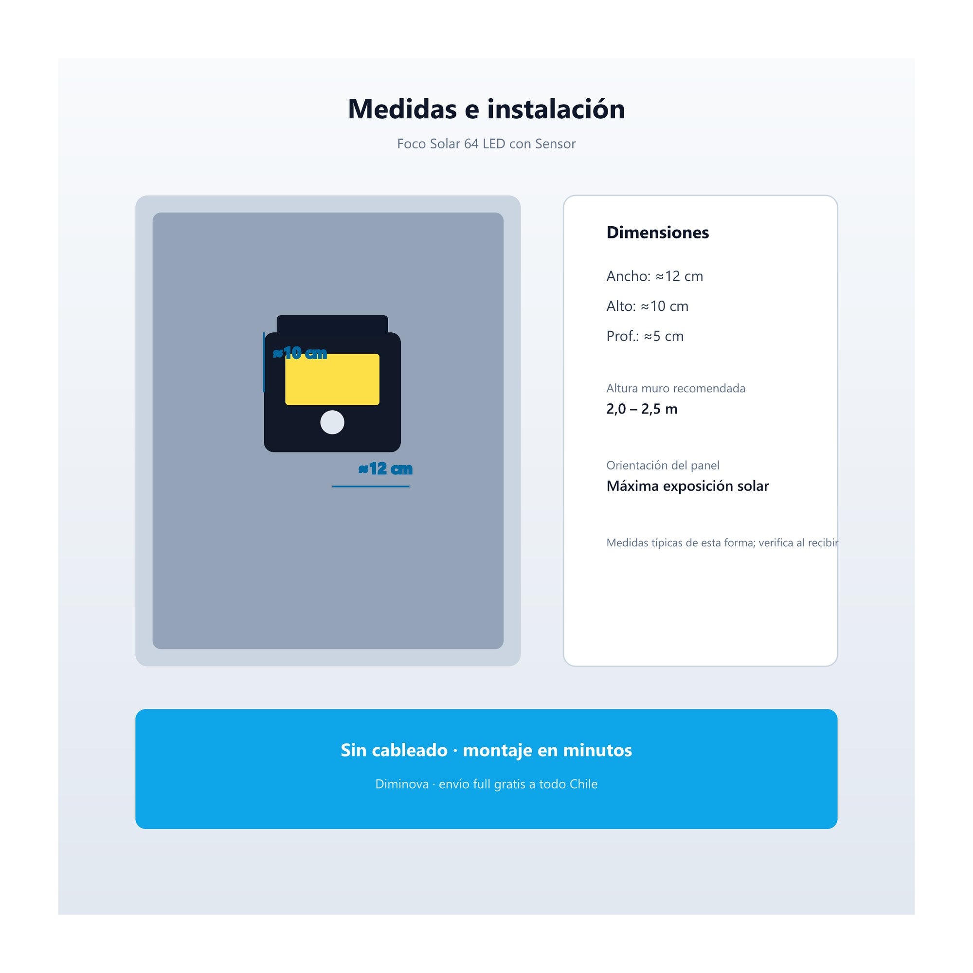 Medidas e instalación del foco solar de pared