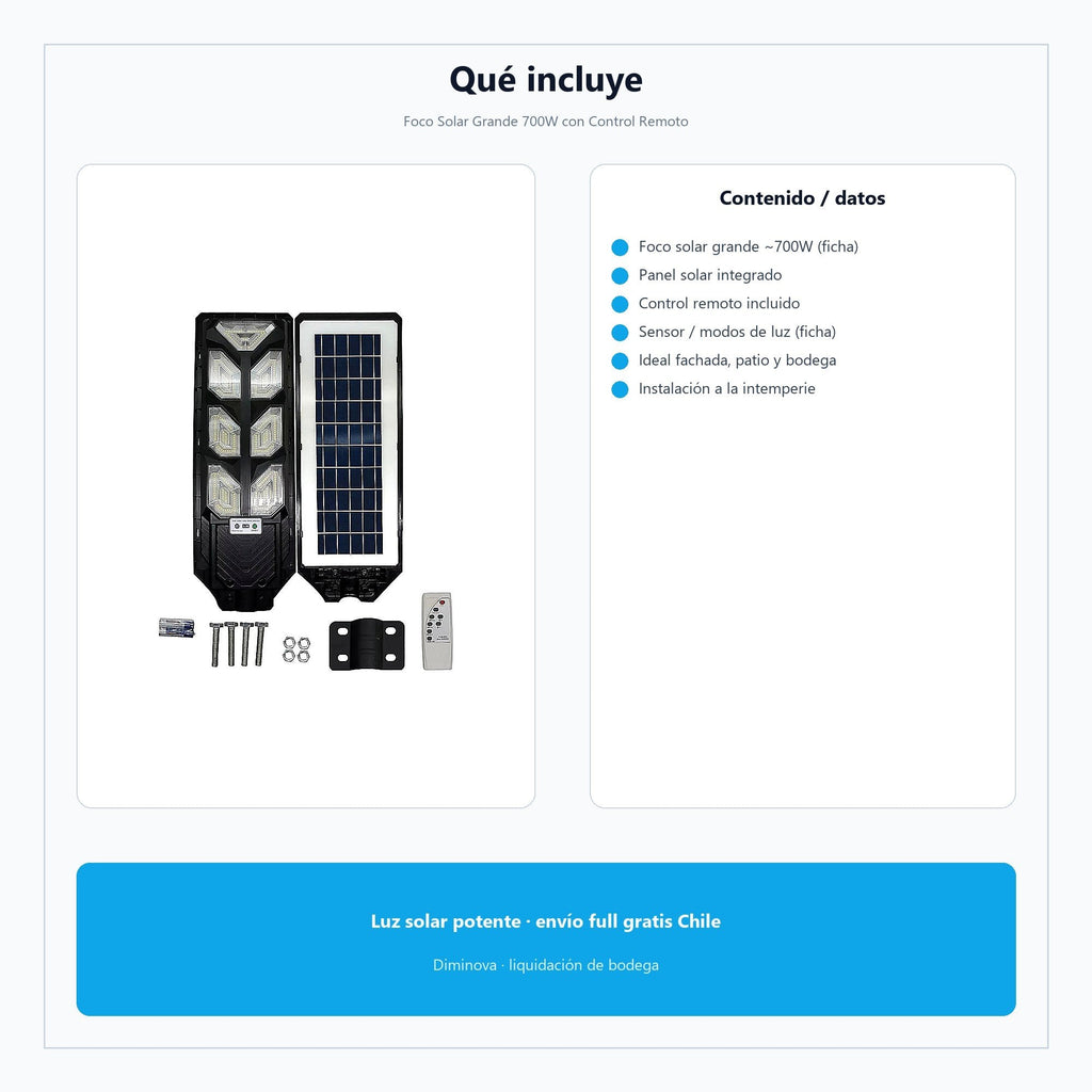 Foco Solar Grande 700W con Control Remoto — qué incluye