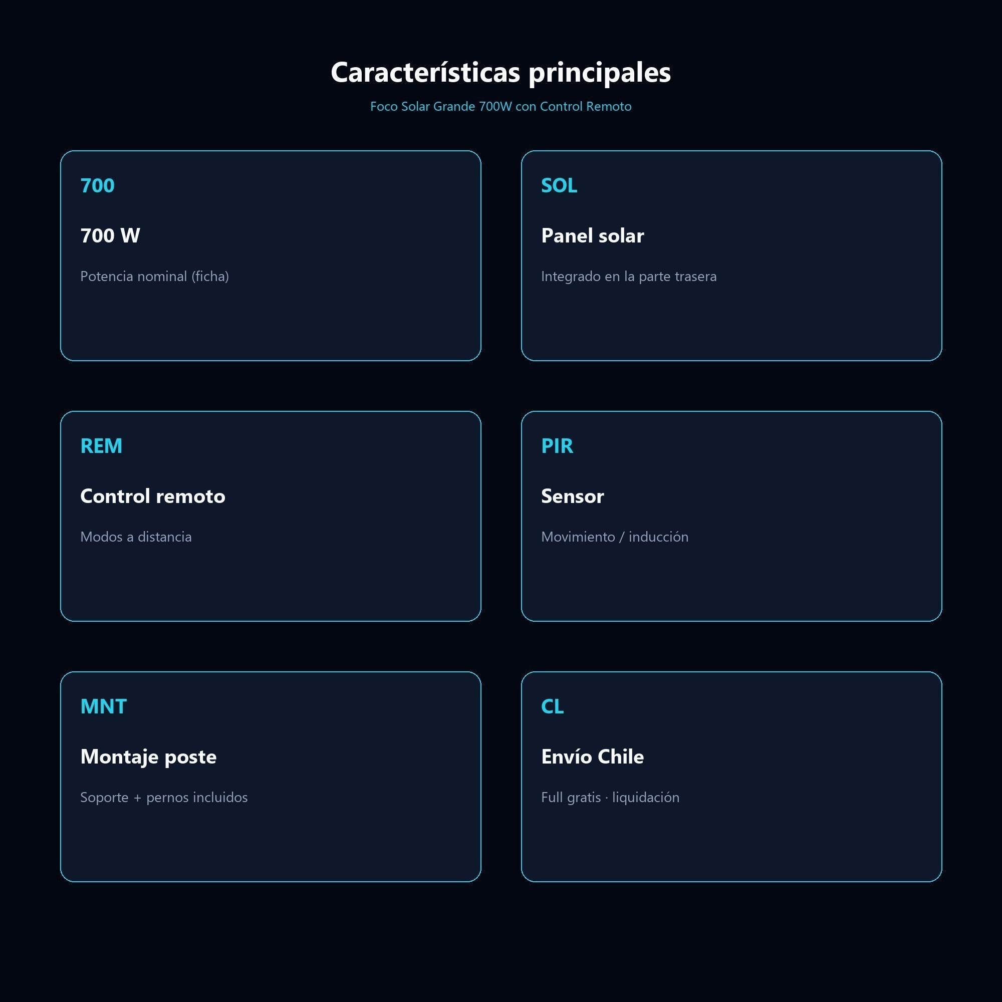 Foco Solar Grande 700W con Control Remoto — características