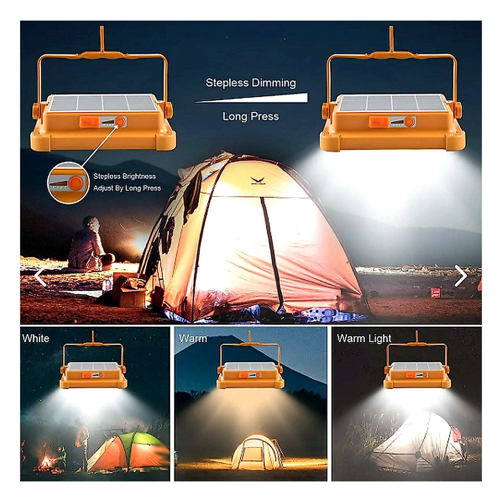 Foco Solar Portátil LED Cuadrado IP66 — panel solar y modos de luz