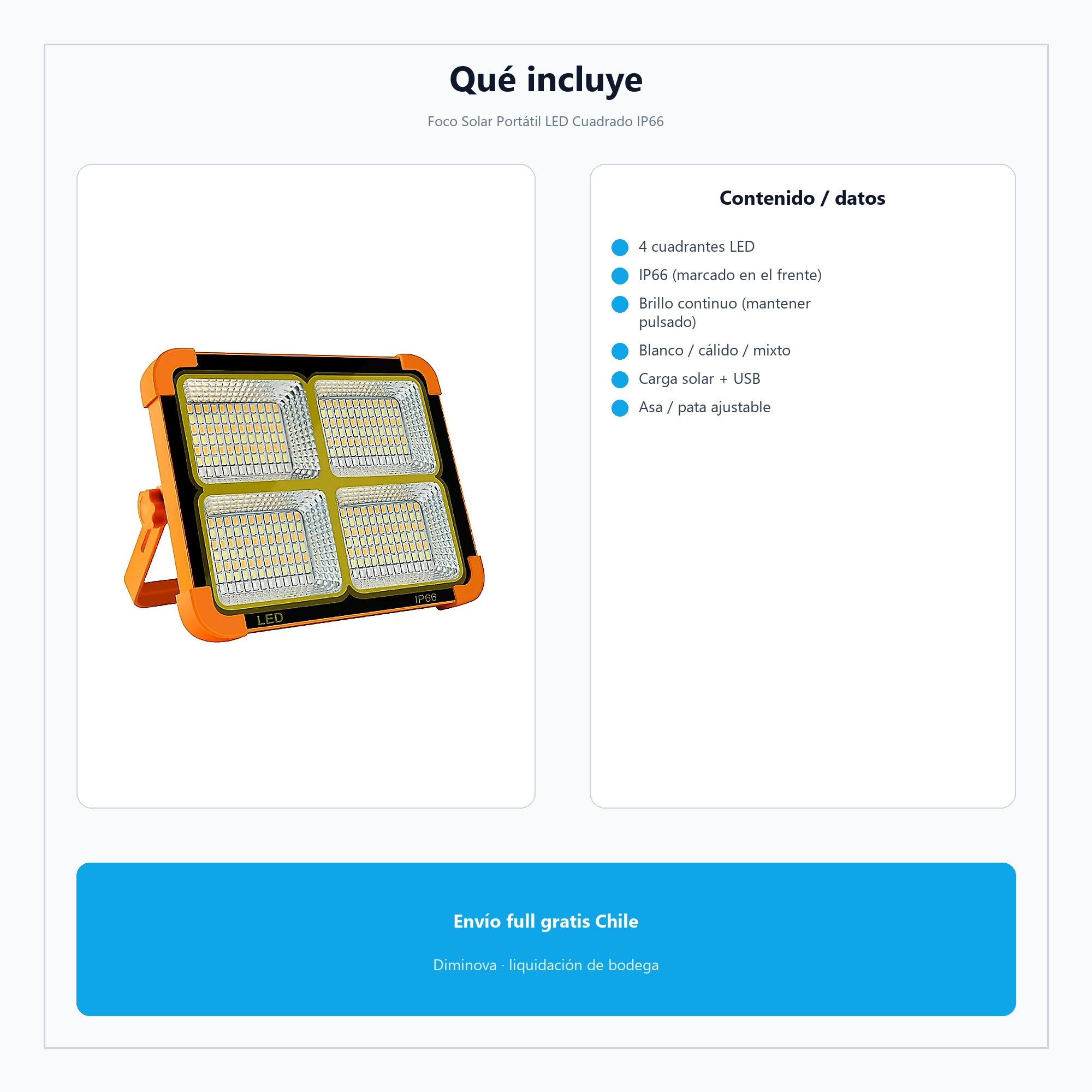Foco Solar Portátil LED Cuadrado IP66 — qué incluye