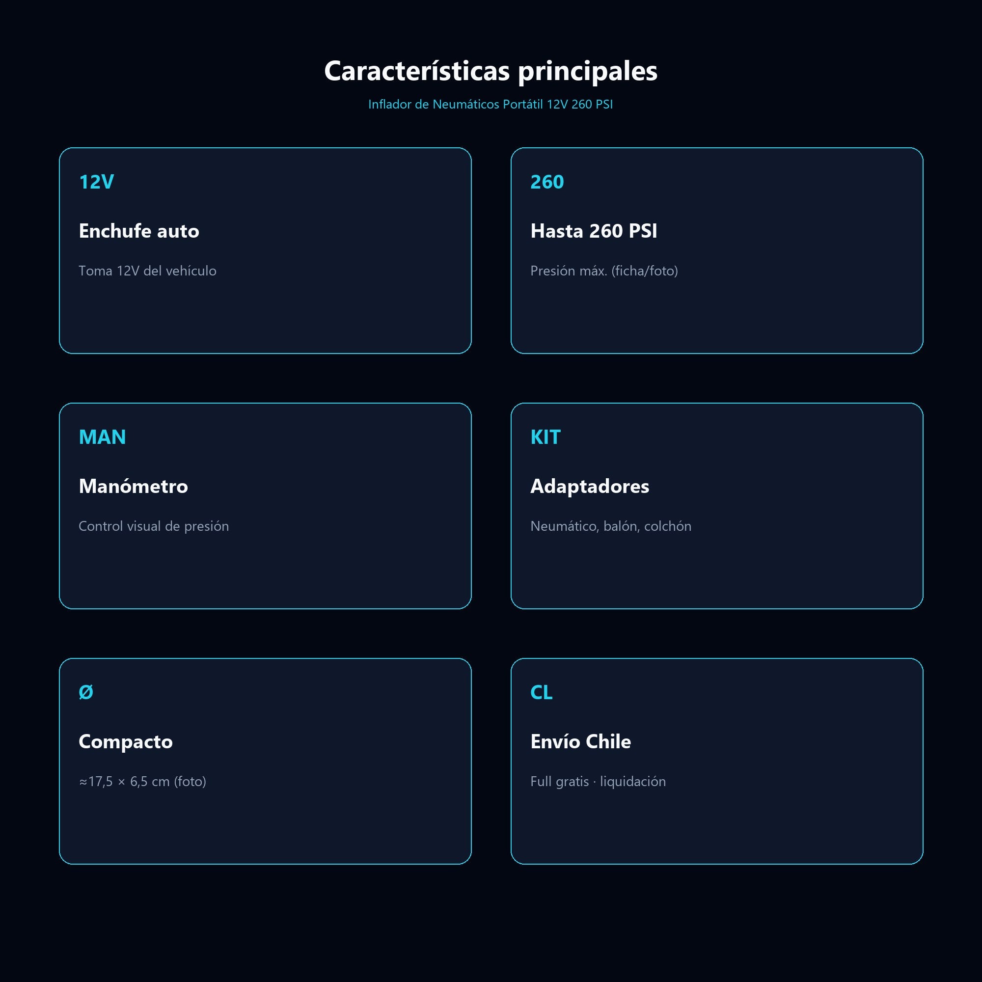 Inflador de Neumáticos Portátil 12V 260 PSI — características