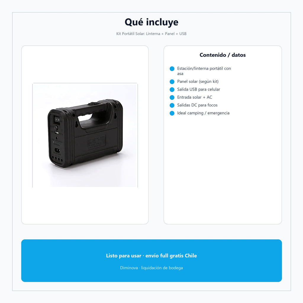 Kit Portátil Solar: Linterna + Panel + USB — qué incluye