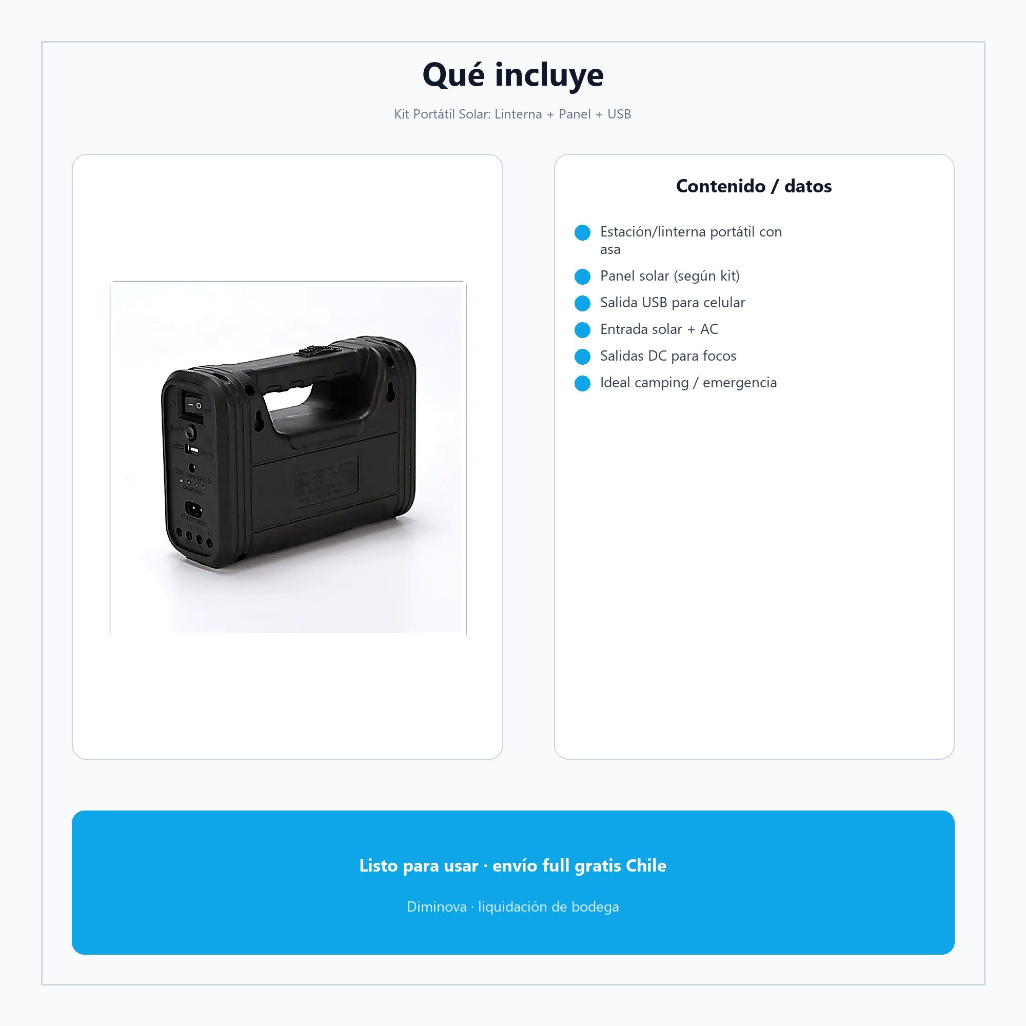 Kit Portátil Solar: Linterna + Panel + USB — qué incluye