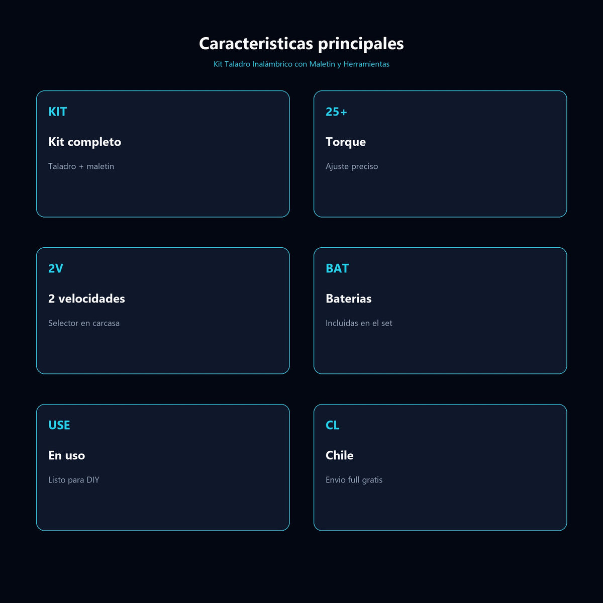 Kit Taladro Inalámbrico con Maletín y Herramientas — caracteristicas