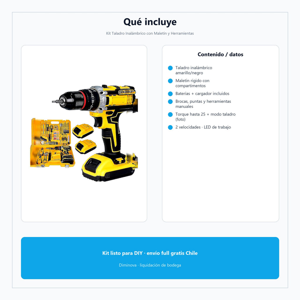 Kit Taladro Inalámbrico con Maletín y Herramientas — qué incluye