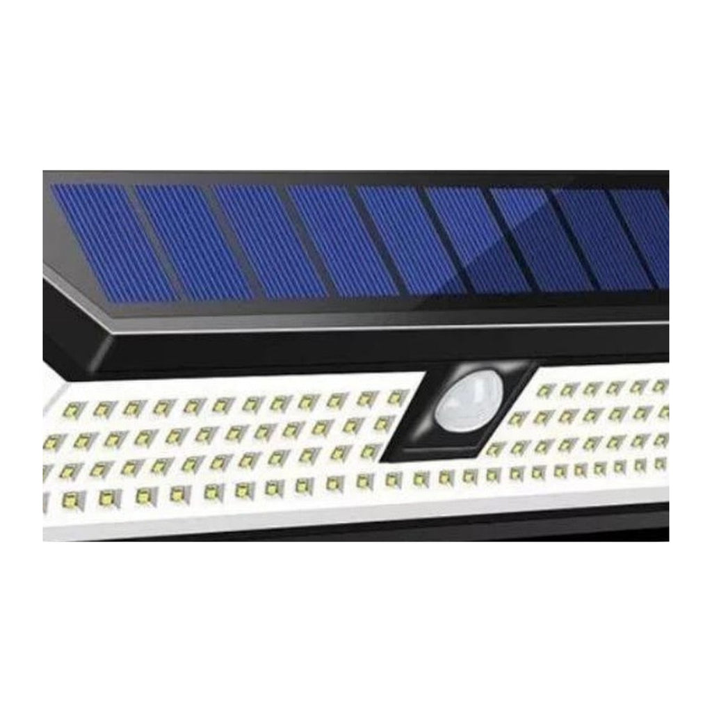 Lampara ancha LED solar — detalle sensor PIR y array LED