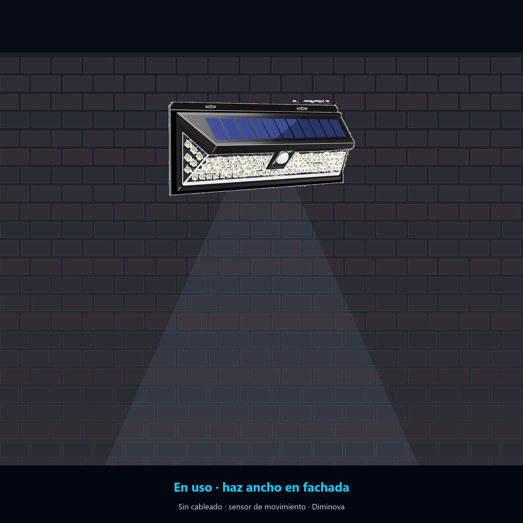 Lampara ancha LED solar en uso nocturno en fachada