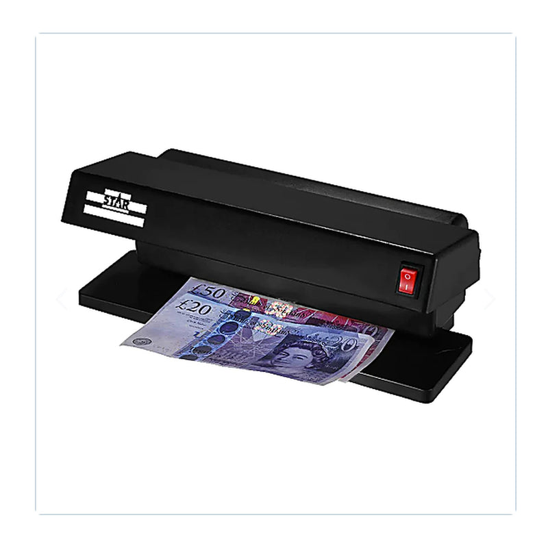 Detector de Billetes Falsos con Luz UV Dual — en uso con billete