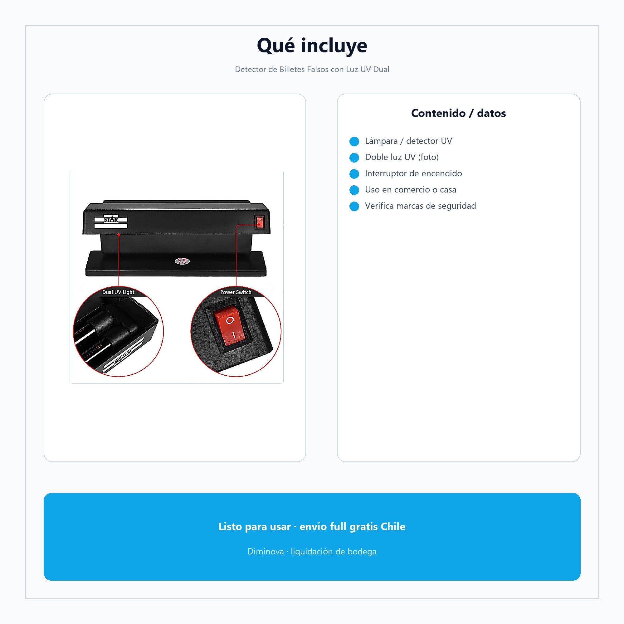Detector de Billetes Falsos con Luz UV Dual — qué incluye