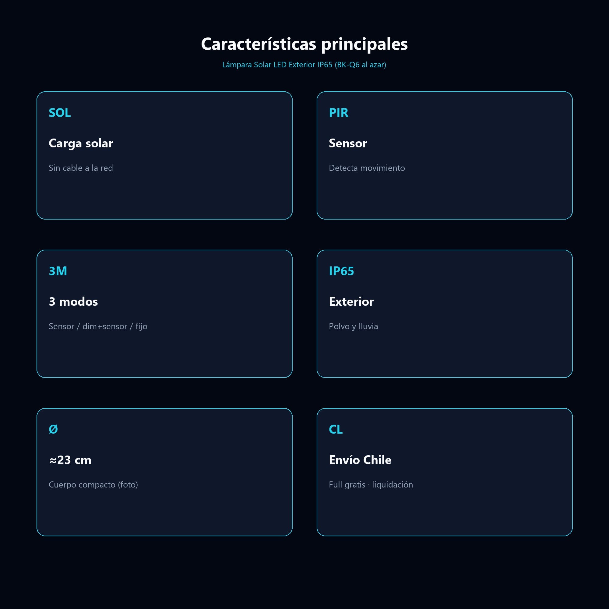 Lámpara Solar LED Exterior IP65 (BK-Q6 al azar) — características