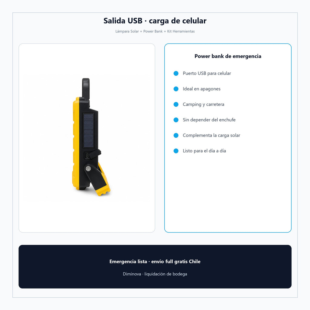 Lámpara Solar + Power Bank + Kit Herramientas — salida USB