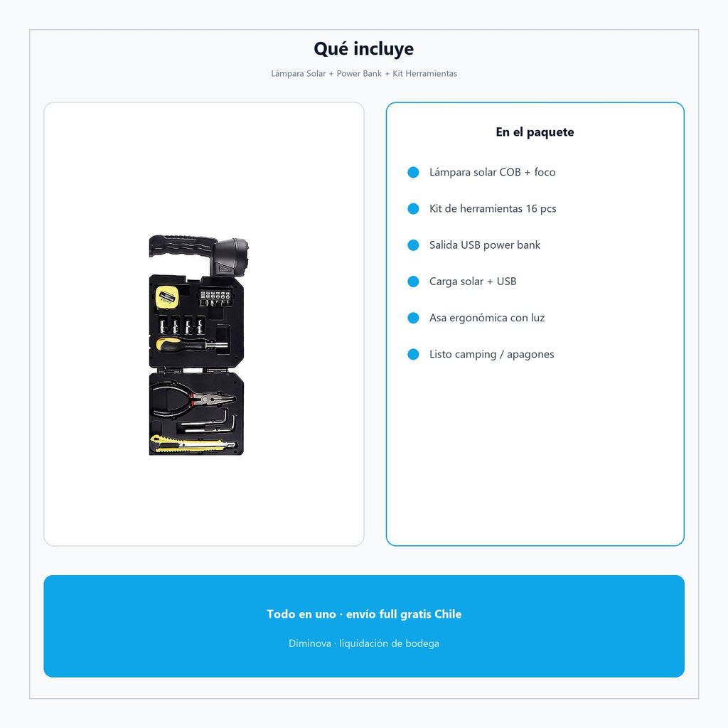 Lámpara Solar + Power Bank + Kit Herramientas — qué incluye