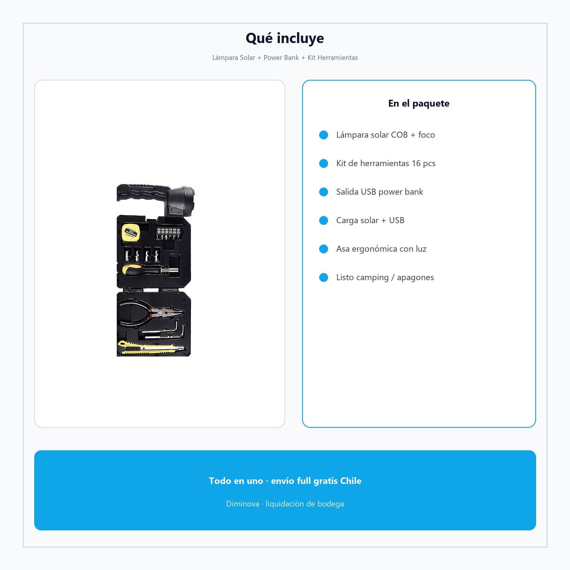 Lámpara Solar + Power Bank + Kit Herramientas — qué incluye
