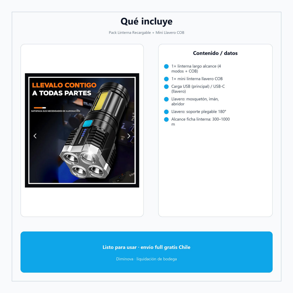 Pack Linterna Recargable + Mini Llavero COB — qué incluye