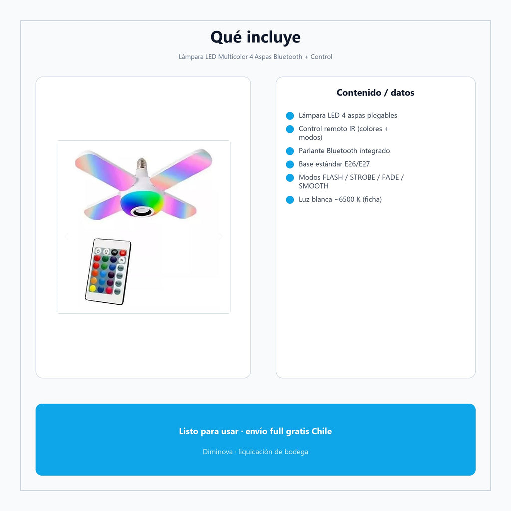 Lámpara LED Multicolor 4 Aspas Bluetooth + Control — qué incluye