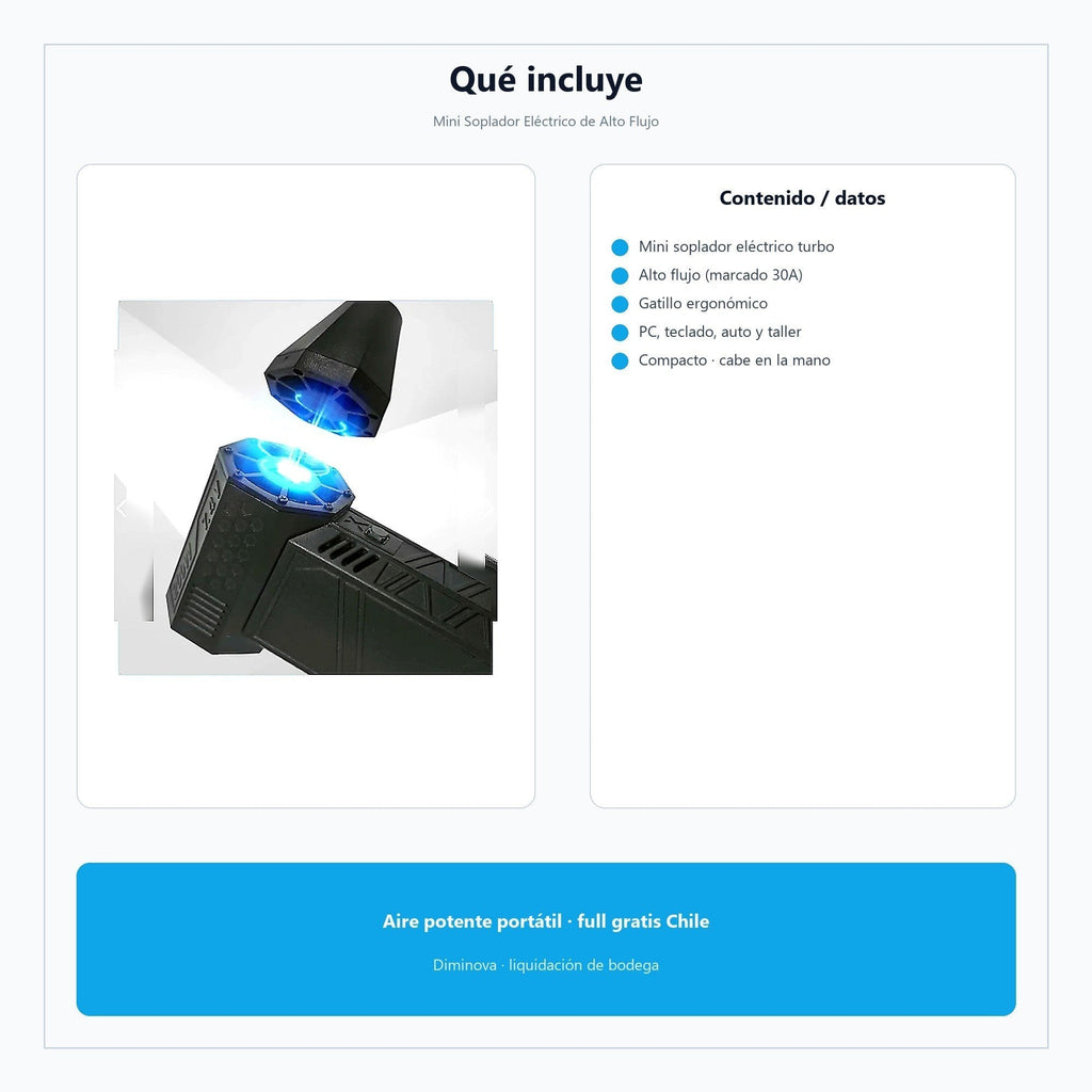Mini Soplador Eléctrico de Alto Flujo — qué incluye