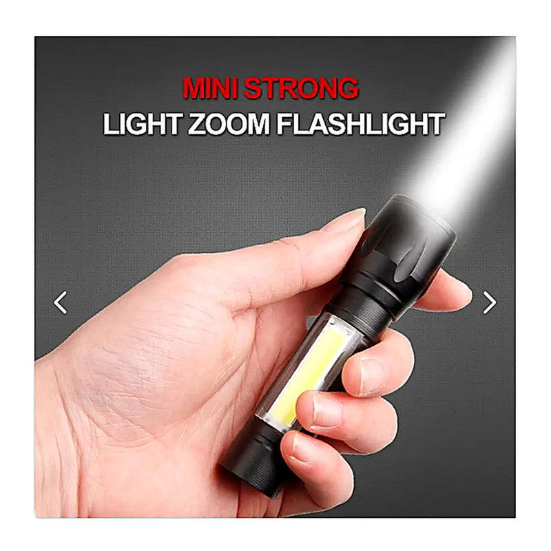 Mini Linterna LED Recargable USB con Zoom y Luz COB — hero en mano con zoom