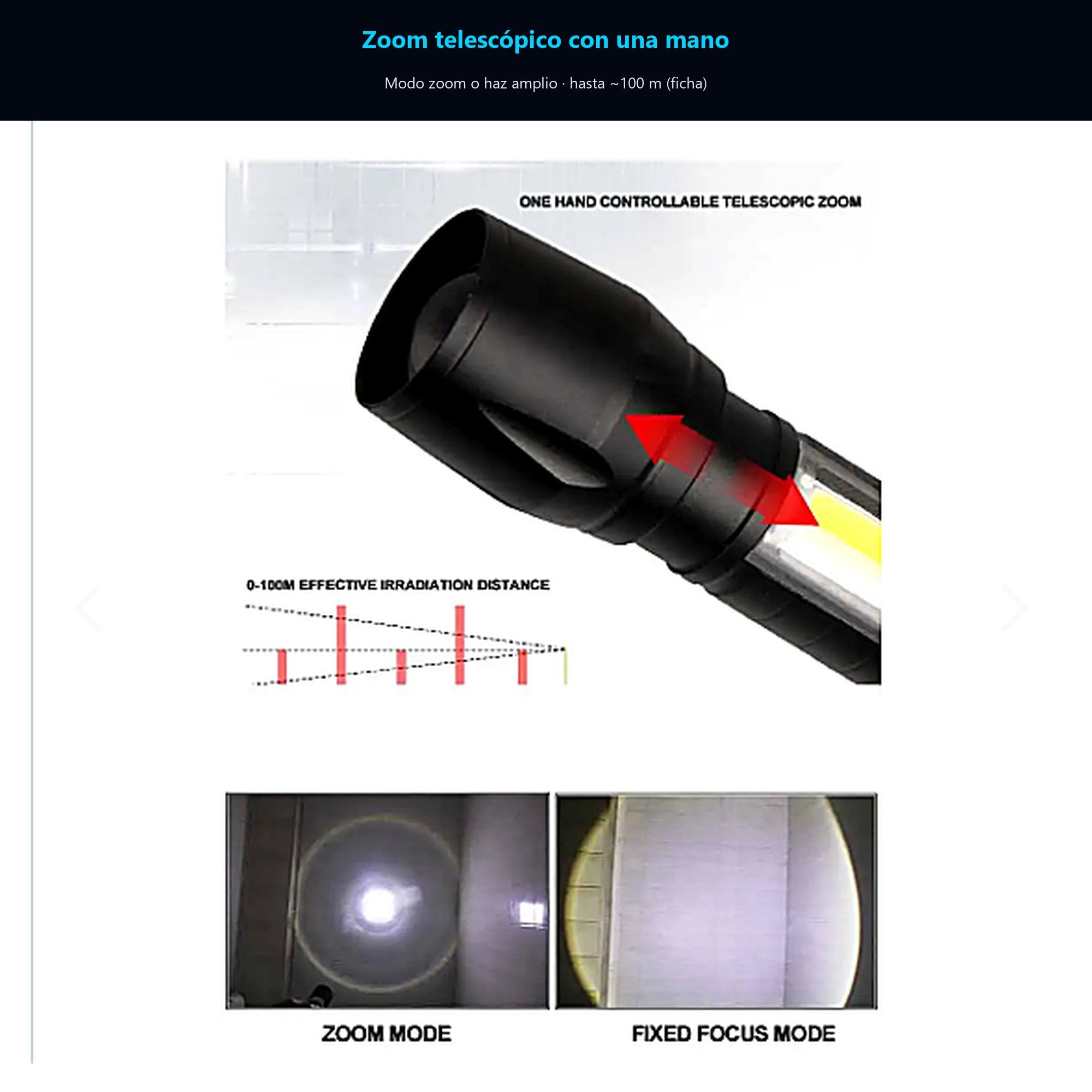 Mini Linterna LED Recargable USB con Zoom y Luz COB — zoom