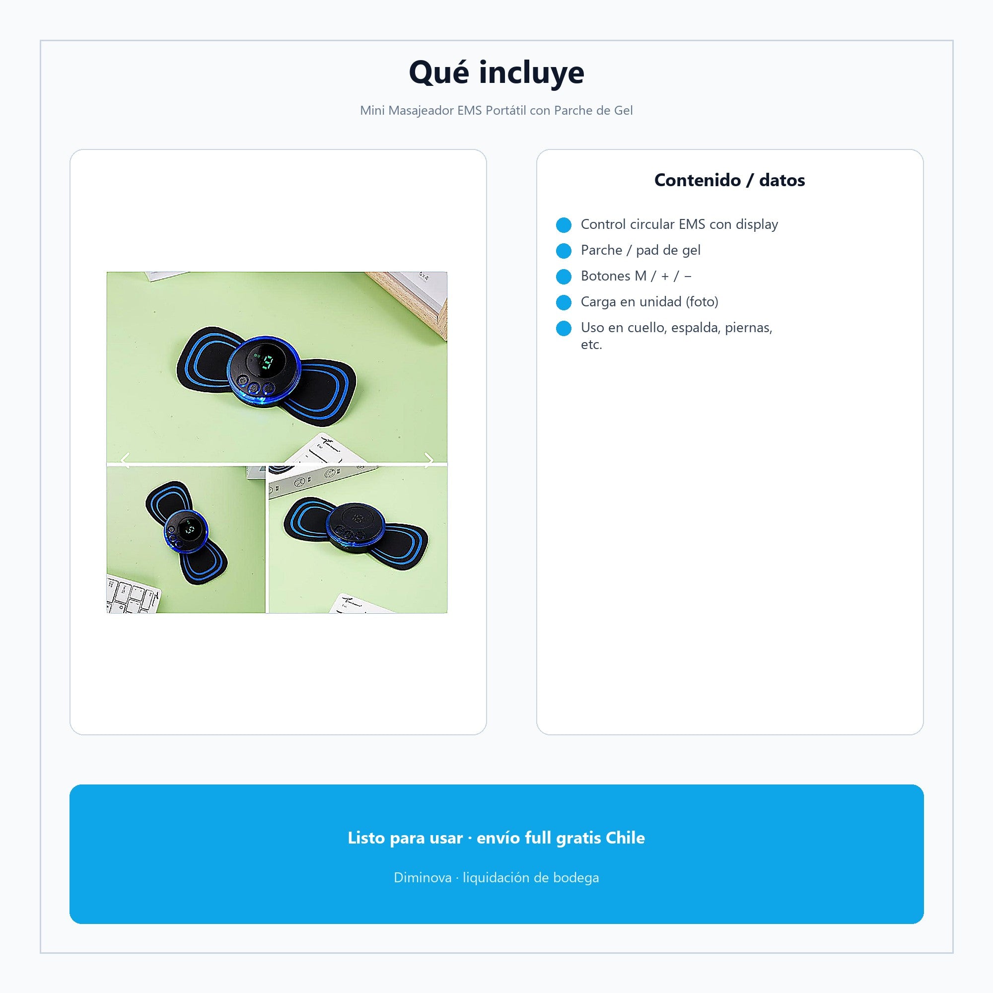 Mini Masajeador EMS Portátil con Parche de Gel — qué incluye