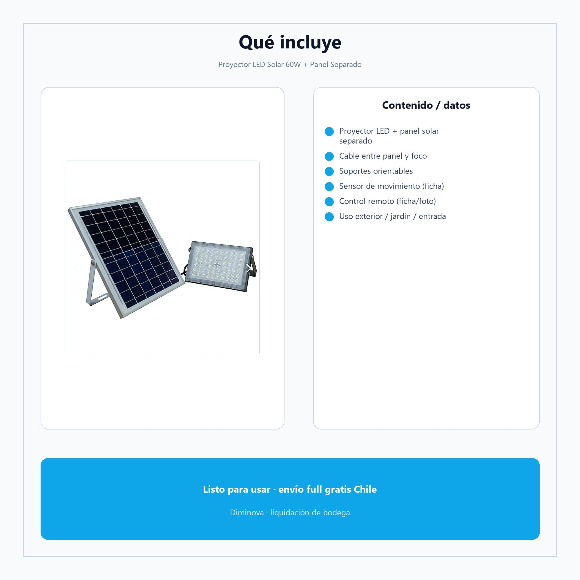 Proyector LED Solar 60W + Panel Separado — qué incluye