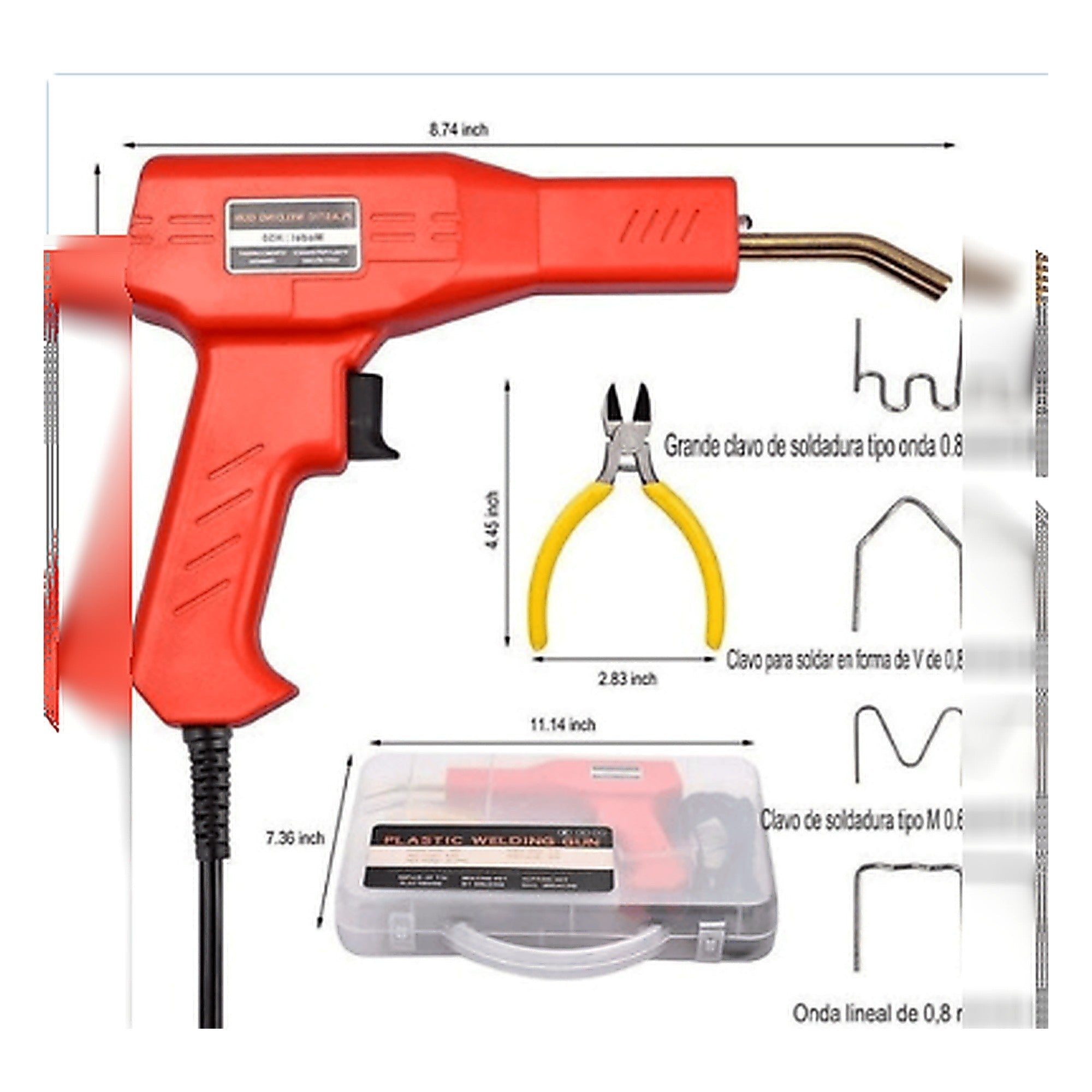 Pistola Soldadora Grapadora de Plástico H50 — medidas del kit