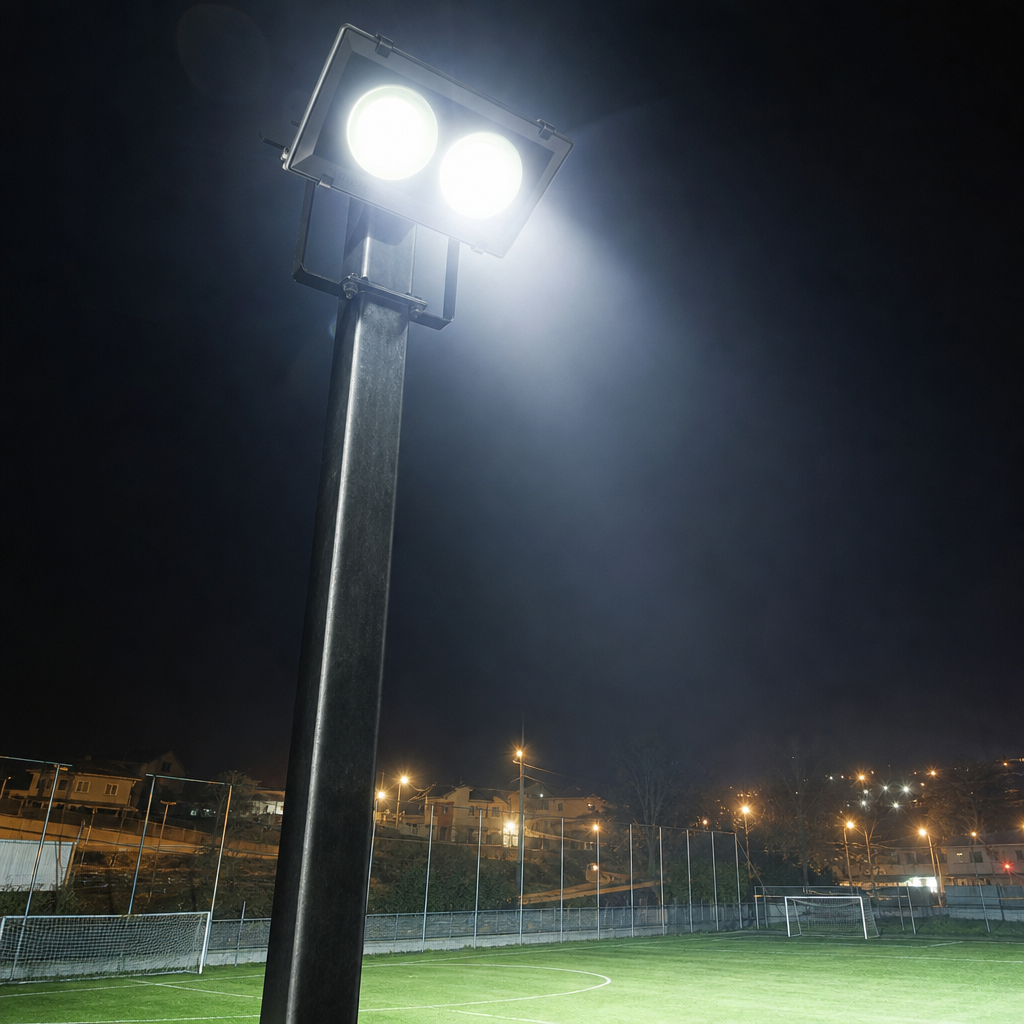 Proyector LED 100W en poste de fierro sobre cancha de barrio