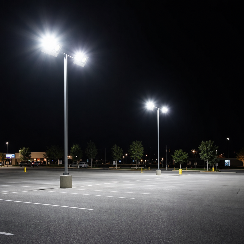 Proyector LED 100W en poste iluminando estacionamiento de noche