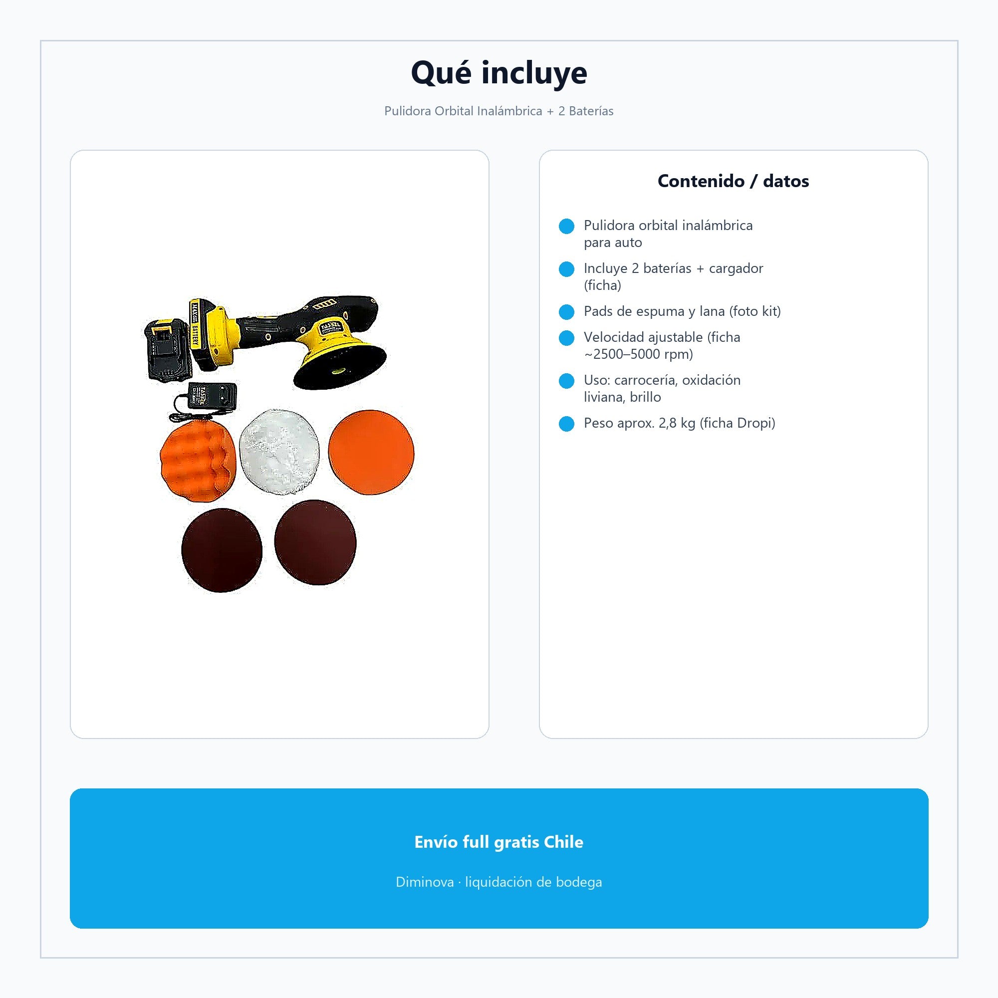 Pulidora Orbital Inalámbrica + 2 Baterías — qué incluye