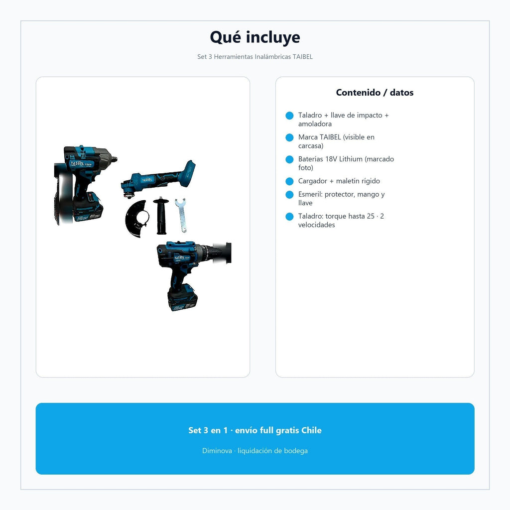 Set 3 Herramientas Inalámbricas TAIBEL — qué incluye