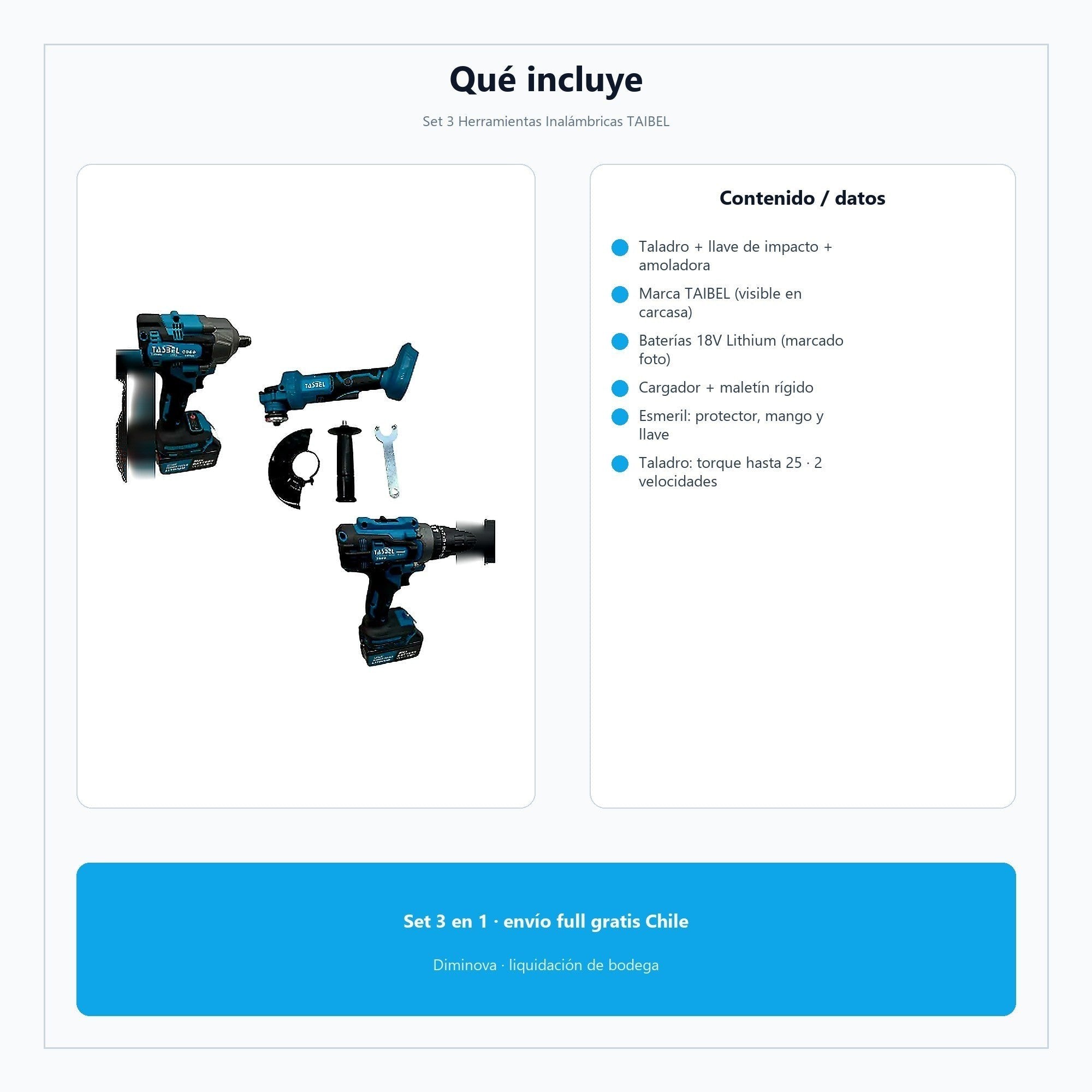 Set 3 Herramientas Inalámbricas TAIBEL — qué incluye
